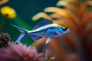 un' blu pesce nuoto nel un acquario. ai-generato foto