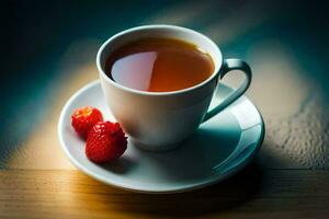 un' tazza di tè con fragole su un' di legno tavolo. ai-generato foto