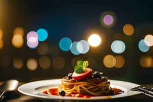 spaghetti con pomodoro salsa e carne su un' piatto. ai-generato foto