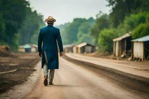 un' uomo nel un' blu completo da uomo e cappello passeggiate giù un' sporco strada. ai-generato foto