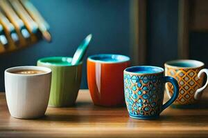 un' gruppo di colorato caffè tazze su un' tavolo. ai-generato foto