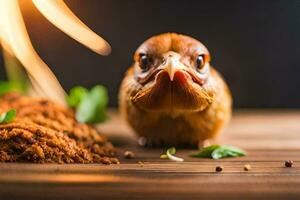 un' pollo con suo testa nel il aria e alcuni spezie. ai-generato foto