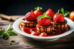 tre piccolo dolci con fragole e salsa su un' piatto. ai-generato foto