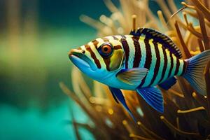 un' a strisce pesce è nuoto nel il oceano. ai-generato foto