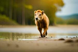 un' Marrone mucca a piedi lungo il riva di un' fiume. ai-generato foto