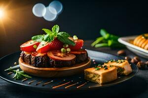 un' bistecca con verdure e pane su un' nero piatto. ai-generato foto