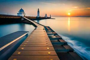 un' molo con un' faro a tramonto. ai-generato foto