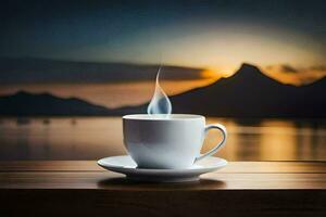 un' tazza di caffè su un' di legno tavolo con un' bellissimo tramonto nel il sfondo. ai-generato foto