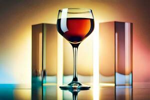 un' bicchiere di vino su un' tavolo con colorato luci. ai-generato foto