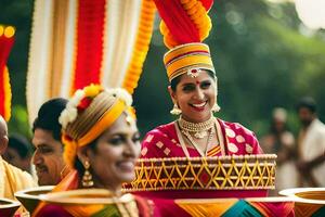 un' sposa nel tradizionale indiano abbigliamento è sorridente. ai-generato foto