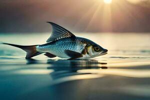 un' pesce è nuoto nel il acqua a tramonto. ai-generato foto