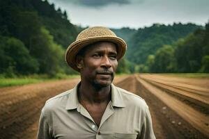 un' uomo nel un' cappello in piedi nel un' campo. ai-generato foto