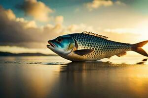 un' pesce è in piedi su il spiaggia a tramonto. ai-generato foto