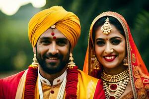 un' bellissimo indiano nozze coppia. ai-generato foto