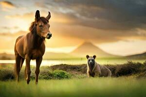 un' cavallo e un' bambino nel un' campo. ai-generato foto