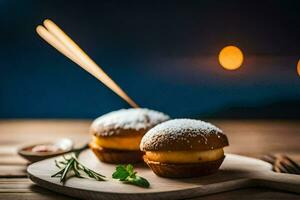 Due mini ciambelle su un' di legno tavola con candele. ai-generato foto