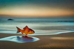 un' pesce è a piedi su il spiaggia a tramonto. ai-generato foto