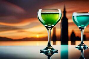 Due bicchieri di verde e blu liquido siamo su un' tavolo. ai-generato foto