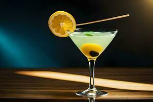 un' cocktail con Limone e olive su un' di legno tavolo. ai-generato foto