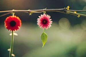 Due rosso fiori sospeso a partire dal un' ramo. ai-generato foto