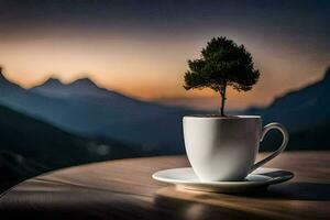 un' albero in crescita nel un' tazza di caffè. ai-generato foto