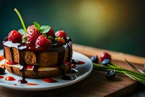 un' torta con cioccolato salsa e frutti di bosco su un' piatto. ai-generato foto