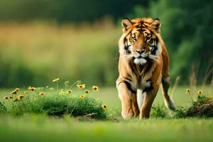 un' tigre a piedi attraverso un' campo di erba. ai-generato foto