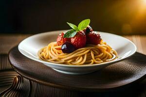 spaghetti con frutti di bosco e menta le foglie su un' di legno tavolo. ai-generato foto