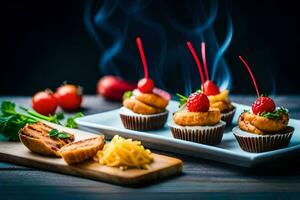 piccolo cupcakes con formaggio e frutta su un' di legno tavola. ai-generato foto
