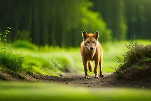 un' cane a piedi su un' sporco strada nel il foresta. ai-generato foto