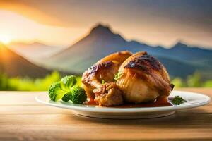 pollo su un' piatto con broccoli e montagne nel il sfondo. ai-generato foto