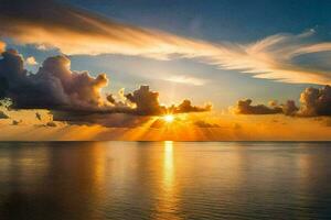tramonto al di sopra di il oceano con nuvole e sole. ai-generato foto