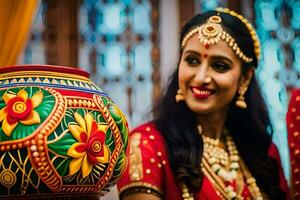 un' bellissimo indiano sposa sorrisi per il telecamera. ai-generato foto