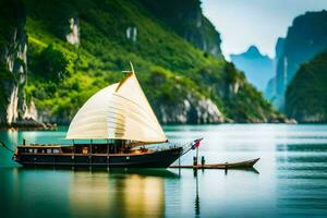 un' barca con un' vela nel il acqua vicino montagne. ai-generato foto