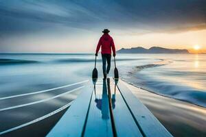 un' persona in piedi su un' di legno molo a tramonto. ai-generato foto