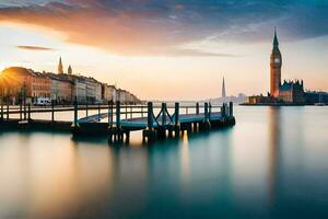 foto sfondo il cielo, acqua, città, ponte, grande ben, persona, il città,. ai-generato