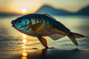 un' pesce è in piedi su il spiaggia a tramonto. ai-generato foto