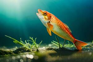 un' rosso pesce è in piedi su il acqua. ai-generato foto