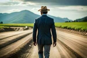 un' uomo nel un' completo da uomo e cappello a piedi giù un' sporco strada. ai-generato foto