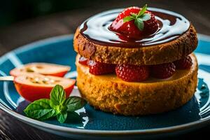 un' dolce con cioccolato e fragole su un' blu piatto. ai-generato foto