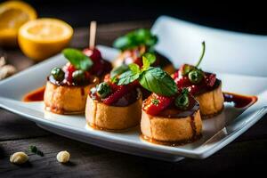 un' piatto di Antipasti con pomodori e formaggio. ai-generato foto