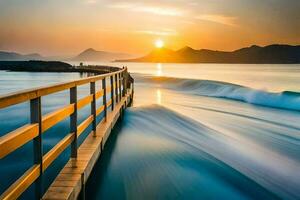 un' di legno molo nel il oceano a tramonto. ai-generato foto