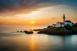 un' faro si siede su un' roccioso affioramento prospiciente il oceano a tramonto. ai-generato foto