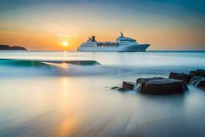 un' crociera nave nel il oceano a tramonto. ai-generato foto