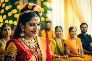 un' sposa nel tradizionale indiano abbigliamento con sua damigelle. ai-generato foto