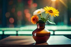 un' vaso con fiori su un' tavolo nel davanti di un' sfocato sfondo. ai-generato foto
