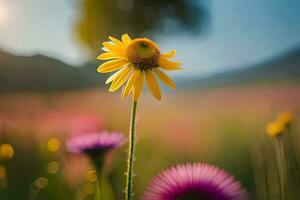 un' giallo fiore sta su nel il mezzo di un' campo. ai-generato foto