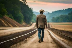 un' uomo nel un' cappello passeggiate giù un' sporco strada. ai-generato foto