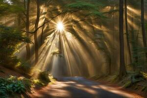 panoramico paesaggio raggi di leggero al di sopra di strada foresta creato con generativo ai tecnologia foto