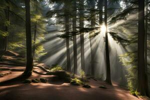 panoramico paesaggio raggi di leggero nel il foresta creato con generativo ai tecnologia foto